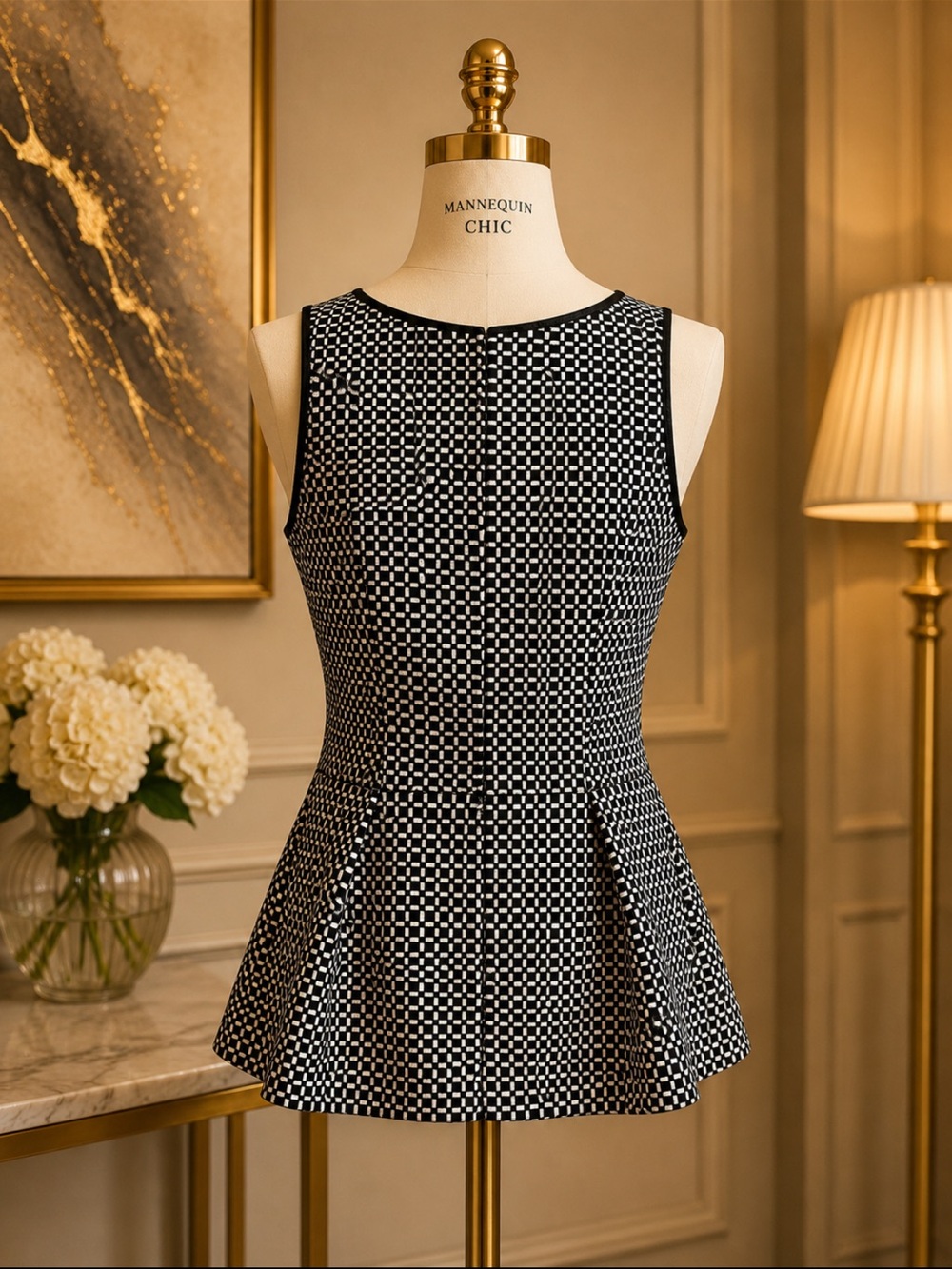 White House Black Market Black & White Check Peplum Tank - Picture 2 of 3